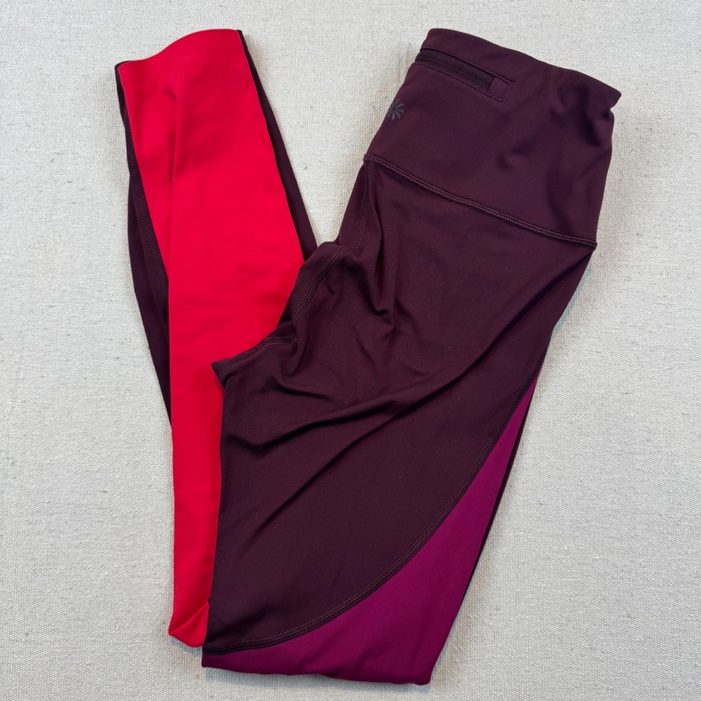 Athleta Asym Colorblock Tight XS Burgundy Red Magenta High Rise Leggings Zipper
